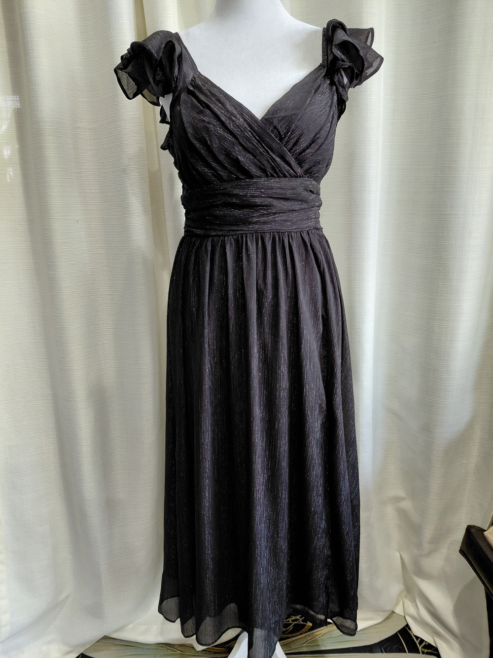 NWT Francesca's Collections Black V-Neck Long Dress with Ruffled Cap Sleeves